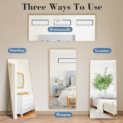 DUMOS Full Length Mirror with Stand 15"x56" Floor Standing Aluminum Frame for Bedroom Body Hanging Leaning Modern Simple Home Decor Shatter-proorf Nano Glass Wall Living Room Cloakroom, Gold
