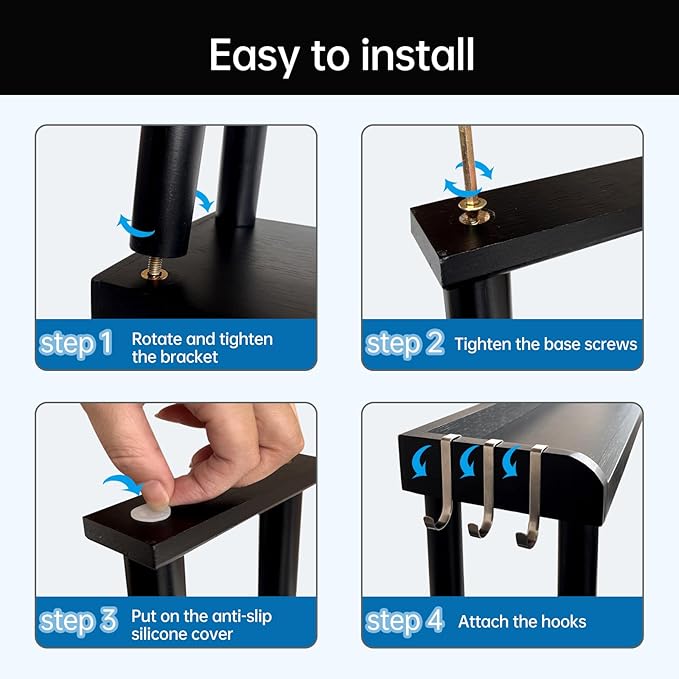 Over the Stove Shelf, Bamboo Stove Top Spice Rack for Kitchen,Wooden Stove Shelf for Back of Stove, Non-slip Countertop Seasoning Organizer with 6 hooks,Easy to Assemble 33.5*4.5*13.4” Black
