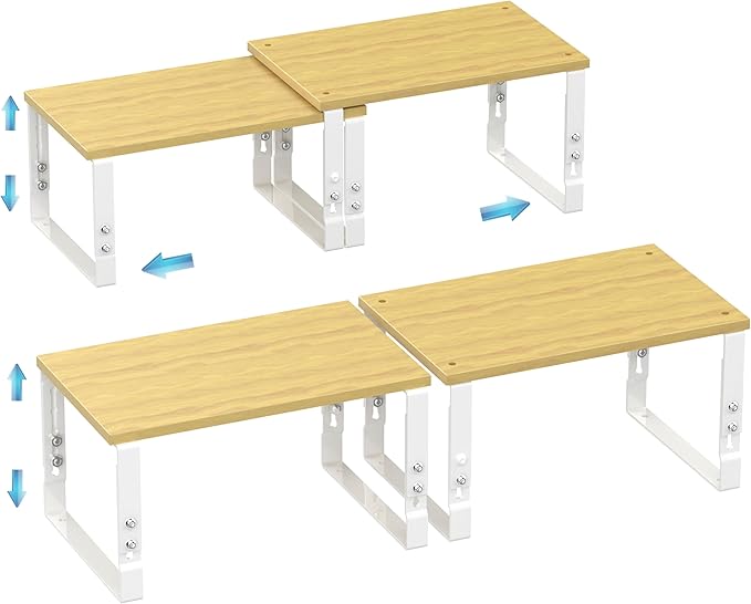 Expandable Kitchen Cabinet Organizer Shelves – Stackable Adjustable Metal and Wood Storage Racks for Countertop, Pantry, Garage Set of 2 Spice Rack – Easy Assembly, Space-Saving(2 Packs/Medium/White)