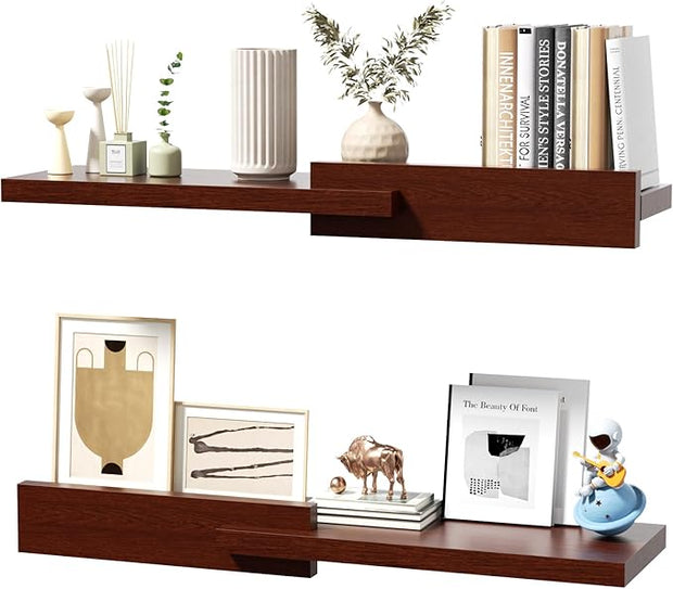 Floating Shelves for Wall, Set of 2 Rustic Wood 24 Inches Wall Mounted Shelves for Bathroom，Bedroom, Living Room &Kitchen, Heavy Duty Display Picture Ledge Shelf for Home Decor Storage Brown