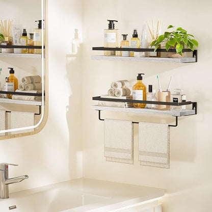 AMADA HOMEFURNISHING Bathroom Shelves with Towel Bar, Floating Shelves, Wall Shelves for Bathroom/Living Room/Kitchen/Bedroom, White, Set of 2 - AMFS01W