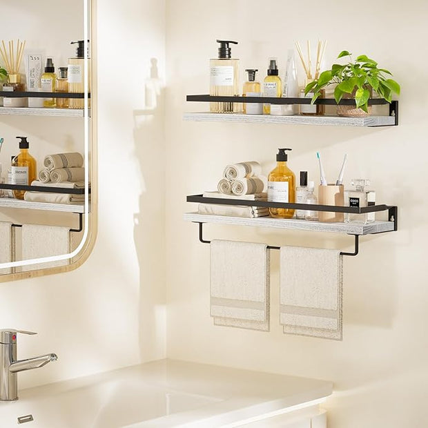 AMADA HOMEFURNISHING Bathroom Shelves with Towel Bar, Floating Shelves, Wall Shelves for Bathroom/Living Room/Kitchen/Bedroom, White, Set of 2 - AMFS01W