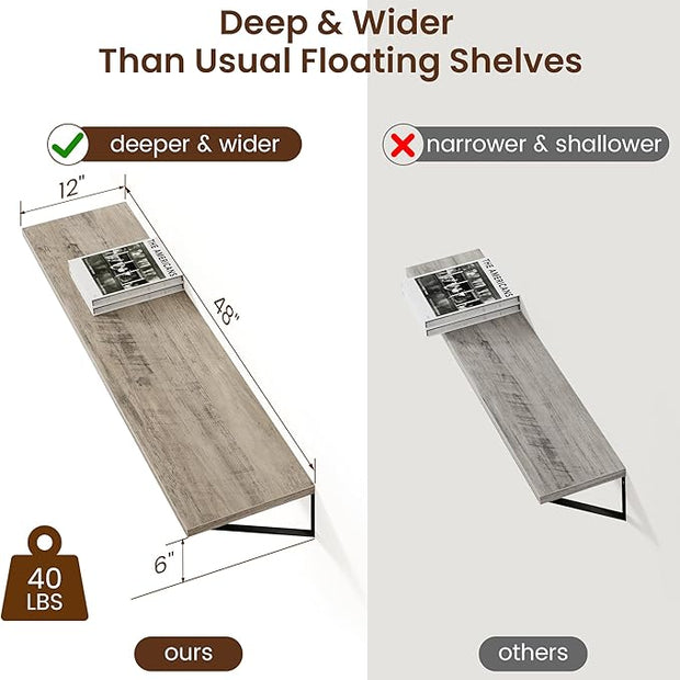 Axeman 12 Inch Deep Floating Shelves for Wall - 48 Inch Wide x 12 Inch Deep Wall Shelves Set of 2 - Rustic Grey Wood Floating Shelves for Living Room