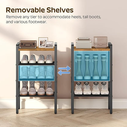 4-Tier Narrow Shoe Rack, Tall Shoe Rack for 4-8 Pairs, Slim Shoe Storage Organizer with Wooden Top, Space Saving, Metal Frame, for Entryway, Rustic Brown and Black SS64BR
