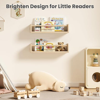 upsimples 2 Pack Nursery Book Shelves, 15.7 Inch Floating Bookshelves for Wall, Baby Nursery Decor, Small Solid Wood Wall Mounted Shelves for Baby Kids Boys Girls, Natural