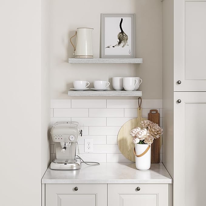 Ballucci Floating Shelves for Wall, 24" Wood Wall Shelf Set of 2, with Invisible Brackets for Bathroom, Living Room, Bedroom, Kitchen, Nursery, 8" Deep, Rustic Gray