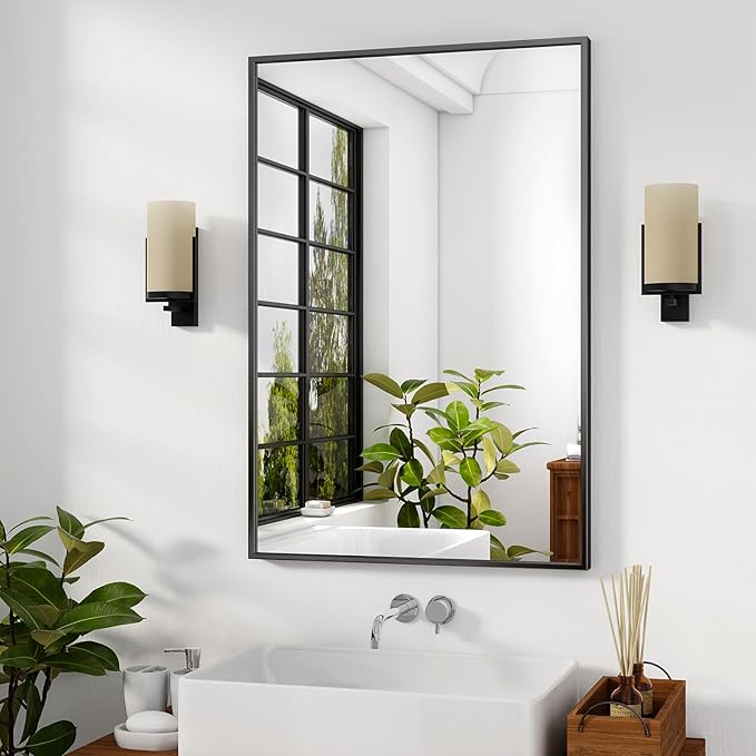 HARRITPURE 28"x20" Bathroom Mirror for Wall, Black Framed Rectangle Mirror Aluminum Alloy Frame Wall-Mounted Horizontally/Vertically for Entryway/Bedroom/Vanity