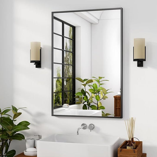 HARRITPURE 28"x20" Bathroom Mirror for Wall, Black Framed Rectangle Mirror Aluminum Alloy Frame Wall-Mounted Horizontally/Vertically for Entryway/Bedroom/Vanity