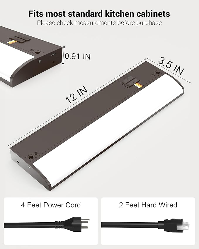 12 Inch LED Under Cabinet Light, Plug in Kitchen Lighting, 3CCT Selectable (3000K/4000K/5000K), CRI94 High Color Accuracy, Linkable, Slim Design Dimmable, Brown