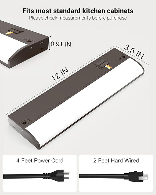 12 Inch LED Under Cabinet Light, Plug in Kitchen Lighting, 3CCT Selectable (3000K/4000K/5000K), CRI94 High Color Accuracy, Linkable, Slim Design Dimmable, Brown