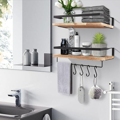 Uten Floating Shelves, Wall Shelf Outdoor, 42x15x8 cm, Shelving Unit for Wall, Towel Holder 6 Hooks, Kitchen Spice Rack, Storage Organiser Shelf for Bedroom, Bathroom, Living Room, Office