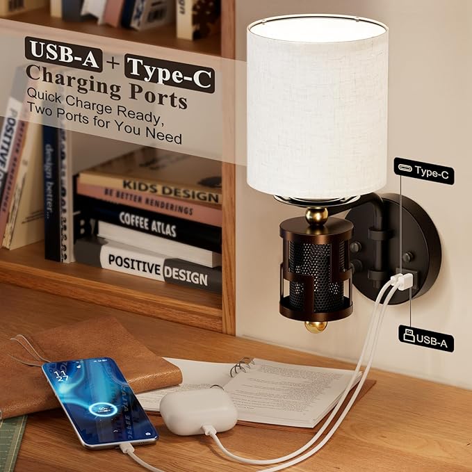V07-1 Vintage Wall Sconce Light with USB A+C Charging Ports, Hardwired/Plug in Wall Sconces with Dimming Knob and Linen Lampshade, Wall Lights for Bedroom Living Room Kitchen (Bulb Included)