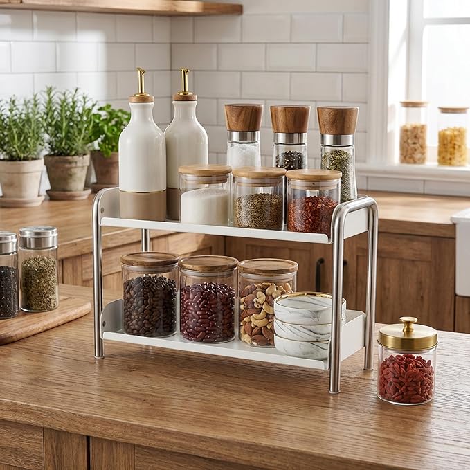 MOZIMABOX Cabinet Organizer Shelf, 2 Tier Kitchen Spice Rack Countertop Shelf Organizer, Stainless Steel Kitchen Storage Countertop Storage Shelf Container, (L, White)