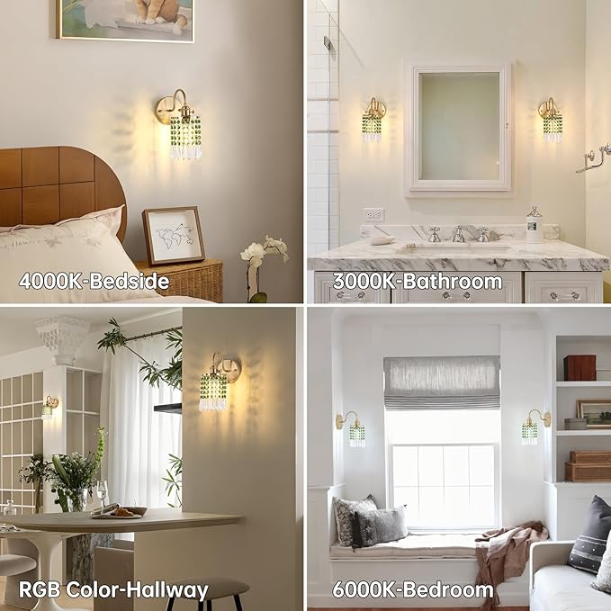 Set of 2 Crystal Battery Operated Wall Sconce, Rechargeable Battery Powered Wall Lamp with Remote Control, Modern Dimmable Wall Lights for Bedroom Bathroom(Green, Gold Base)
