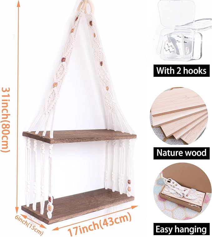 Boho Wall Hanging Shelves Macrame Floating Plant Photos Wood Shelf for Bedroom Living Room Apartment Decor (Black)