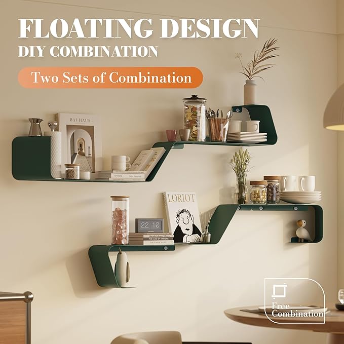 Floating Shelves, Wall Shelf, Set of 3 Mounted Metal Shelves with Unique Design for Wall Storage, Book Shelf, Display Shelves for Bathroom Bedroom Kitchen Living Room for Home Green