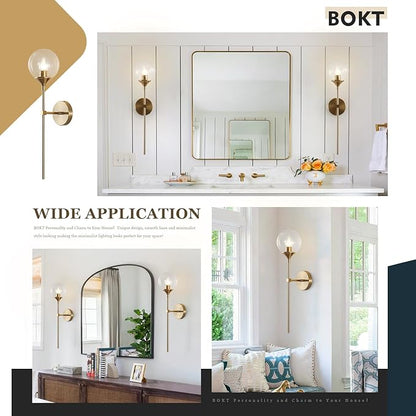 BOKT Glass Globe Wall Sconce Mid Century Modern Glod Wall Light Fixture Bedroom Bedside Bathroom Lighting Brushed Brass Long Pole Nordic Living Room Background Wall Lamp (Clear)