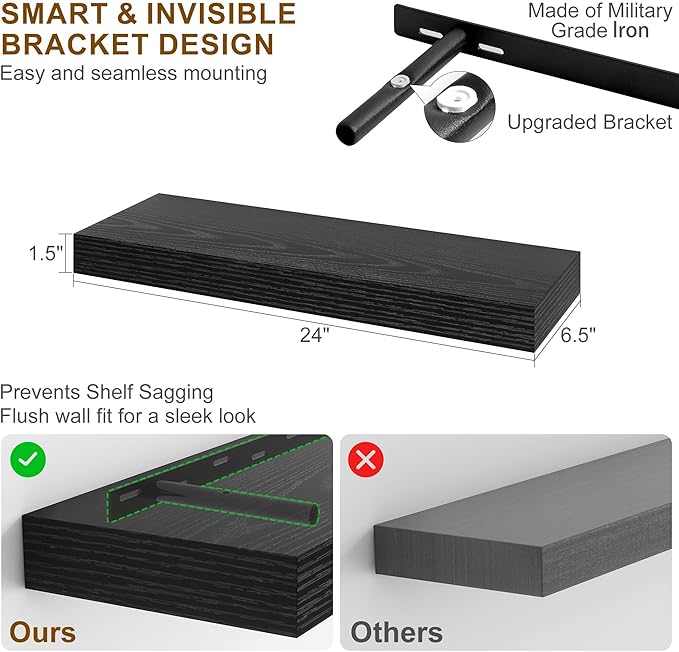 Fun Memories Floating Shelves for Wall, 24Inch Floating Shelves Set of 2, Hanging Shelf with Invisible Brackets, Wood Shelves for Living Room, Bedroom, Kitchen, Black