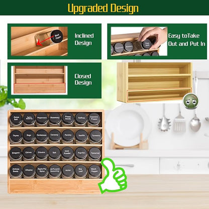 Bamboo Tiered Spice Rack Organizer for Cabinet,Wooden Seasoning Rack for Countertop, Cupboard, Pantry, Kitchen (Spice Jars Included)