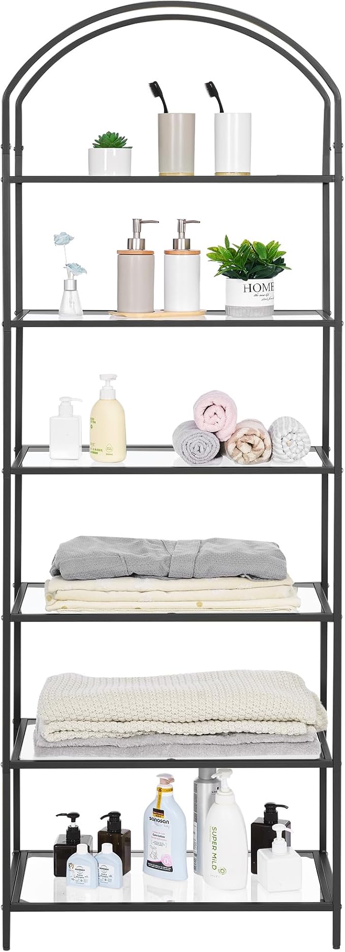 Homhedy Bookshelf Arched Display Racks,Metal Bookcase,Tempered Glass Shelves,Storage Rack Shelf for Home Office,Living Room,Bedroom, Bathroom,Modern Style (Black, 11.8