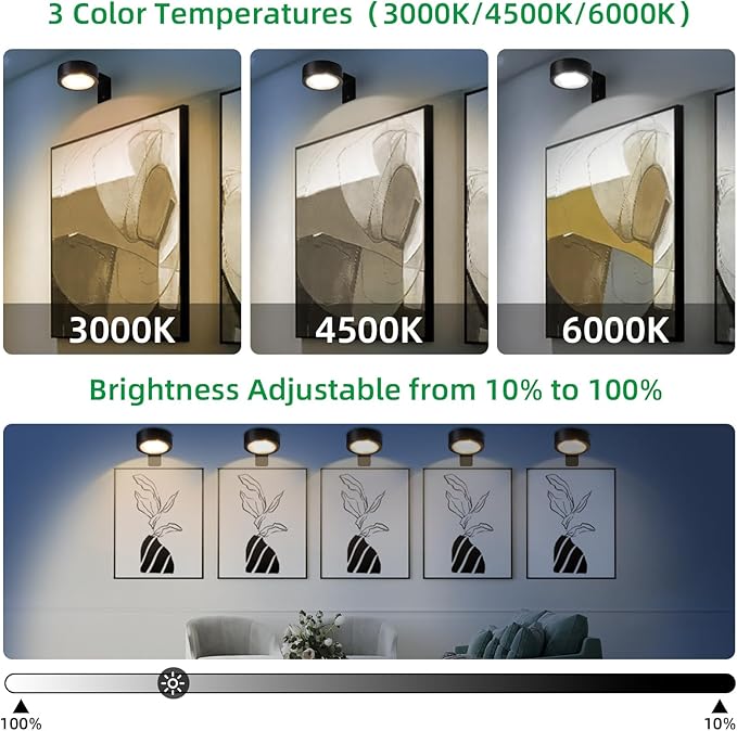 4 Pack Wireless Picture Lights for Wall, Magnetic Black Rechargeable Picture Light Battery Operated with Remote 3 Lighting Modes Painting Light for Art Display, Battery Wall Lights for Photo Gallery