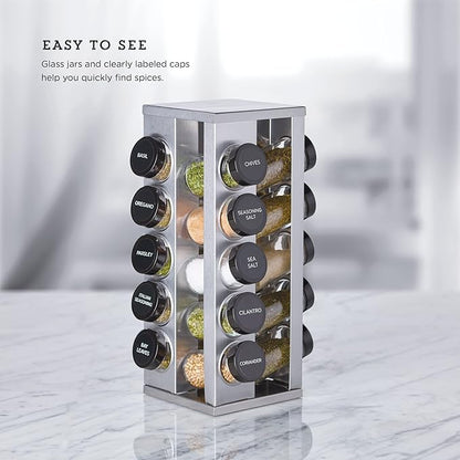 Kamenstein 20 Jar Heritage Revolving Countertop Spice Rack Organizer with Spices Included, FREE Spice Refills for 5 years, Brushed Stainless Steel with Black Caps (Pack of 3)