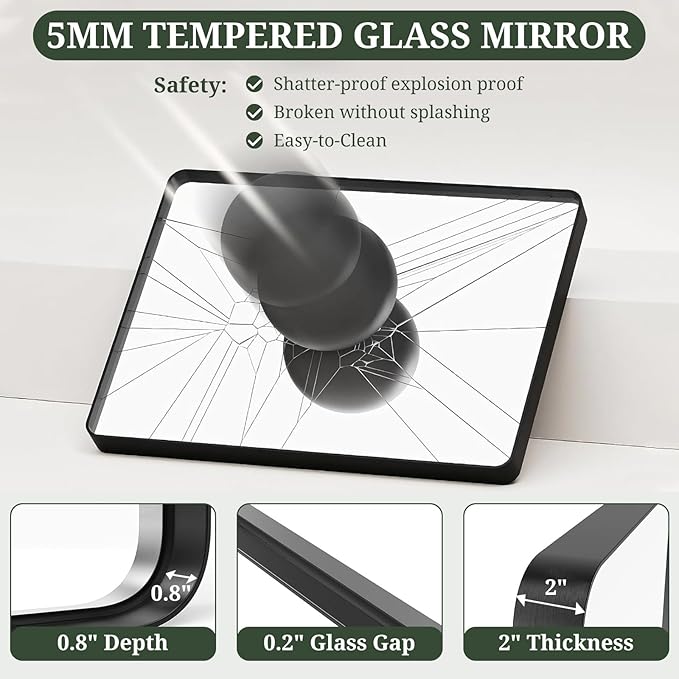 Bathroom Mirror 36x24 Inch Black Metal Frame Rectangle Vanity Mirror with Rounded Corners, Modern Wall Mounted Anti-Rust Mirror for Farmhouse, Restroom, Entryway, Horizontal or Vertical Hanging