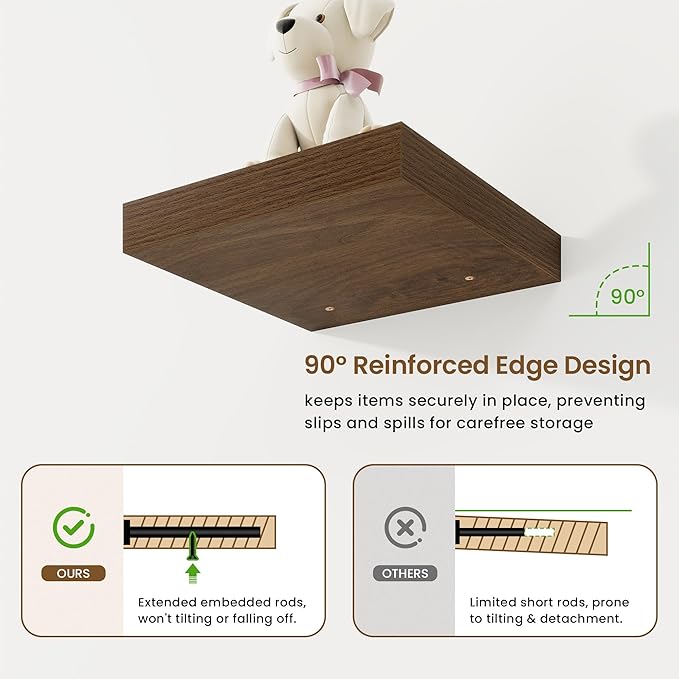 Square Floating Shelves for Wall, 9.25"W x 9.25"D x 1.25"H, 3 Pack Small Wall Mounted Engineered Wood Shelves with Invisible Brackets for Living Room, Bedroom, Bathroom, Kitchen Decor, Walnut