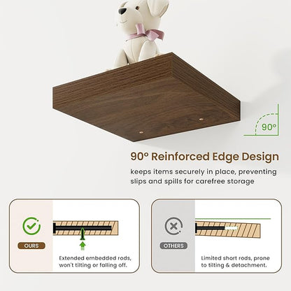 Square Floating Shelves for Wall, 9.25"W x 9.25"D x 1.25"H, 3 Pack Small Wall Mounted Engineered Wood Shelves with Invisible Brackets for Living Room, Bedroom, Bathroom, Kitchen Decor, Walnut