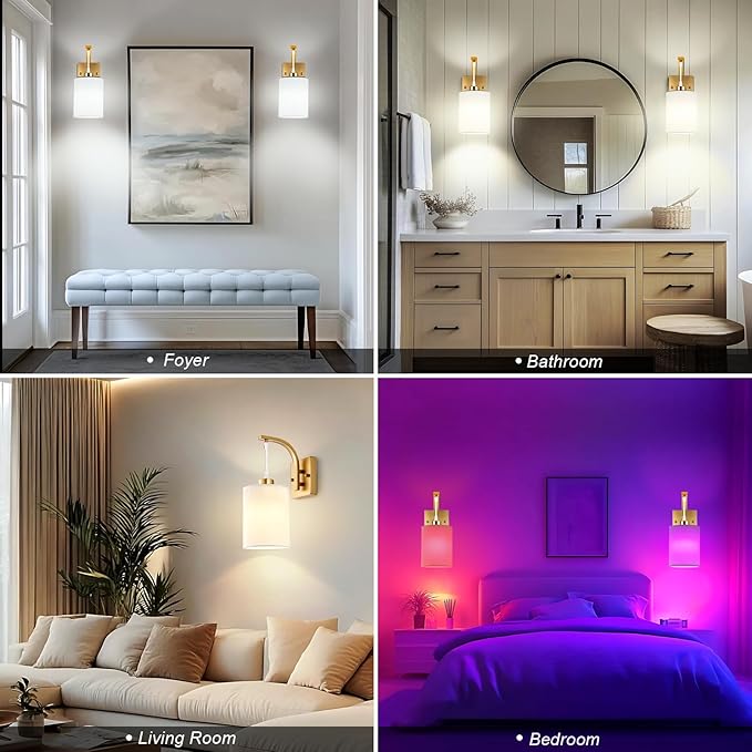 Battery Operated Wall Sconces Set of 2, Brass Gold Rechargeable Wall Sconces with Remote & Bulbs, Indoor Not Hardwired Wall Lights, 15 Colors Dimmable Cordless Wall Lamps for Living Room Hallway Foyer