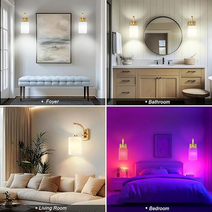 Battery Operated Wall Sconces Set of 2, Brass Gold Rechargeable Wall Sconces with Remote & Bulbs, Indoor Not Hardwired Wall Lights, 15 Colors Dimmable Cordless Wall Lamps for Living Room Hallway Foyer