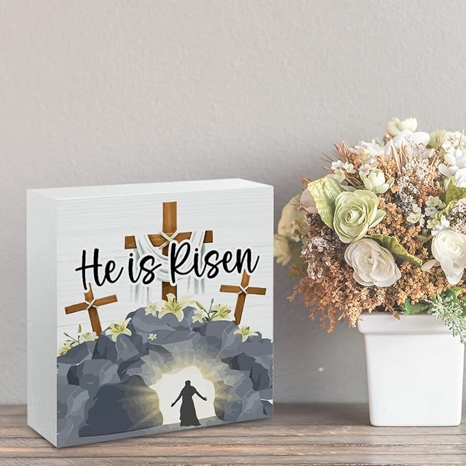He Is Risen Easter Decor Indoor Religious Christian Easter Jesus Cross Decor Decorations Farmhouse Easter Sign for Home Room Badroom Bathroom Office Table Mantle Dessk Decor