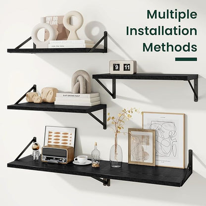 Floating Shelves, 12 Inch Deep Rustic Wood Wall Storage, 16W x 12D Wall Shelves Set of 2, Heavy Duty Metal Brackets, Large Industrial Book Shelf for Living Room, Kitchen, Bedroom, Black