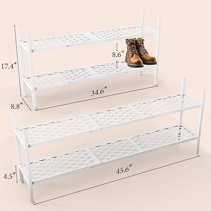Shoe Rack, Expandable Shoes Organizer Metal Shelf Stand, 2 Tier Stackable Long Shoe Storage Holder For Closet, Floor, Entryway, Garage, Bedroom, Door Entrance For 12-18 Pairs, 45.6 inches White