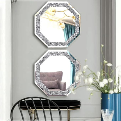 2 Piece Wall Mirrors Octagon, Crush Diamond Mirrors Wall Decor, Silver Decorative Mirrors for Living Room Decor, Bedroom, Bathroom. (12”x12”)