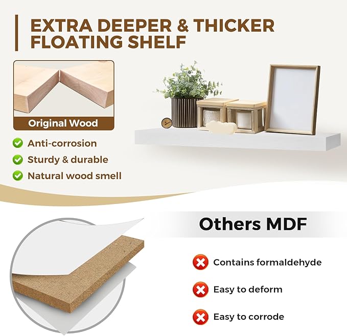 36x8x1.6 inch Floating Shelves Set of 2 – Solid Wood Rustic White Wall Mounted Shelf for Kitchen, Bathroom, Living Room