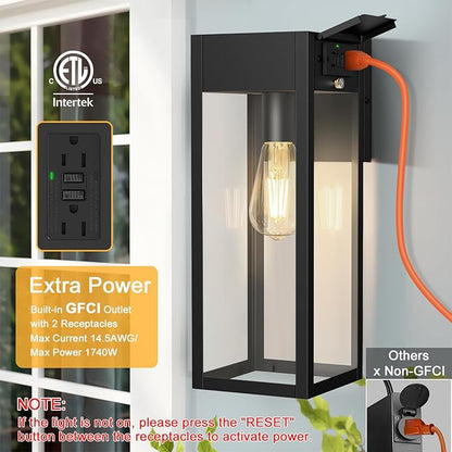 Large Porch Light with GFCI Outlet, 15 Inch Outdoor Light with Outlet Built-in, Waterproof Exterior Light Fixtures Wall Mount, Outside Lights for House Front Door Garage