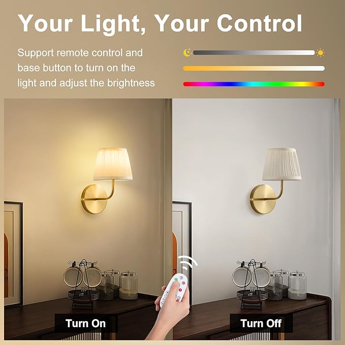 Rechargeable Wall Sconces Set of 2 - 5200mAh Cordless Battery Operated Wall Sconce - Fabric Lamp Shade - Gold Brass LED Light Fixture with Remote for Bedroom Bedside Living Room Stairway Hallway Porch