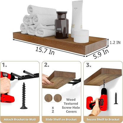 IAE Walnut Floating Wall Shelves 16 inch, Bathroom Shelves Wall Mounted,Invisible Shelf Floating Kitchen Shelves,Wooden Wall Shelving with Brackets for Living Room Wall Mounted,Easy Install,Set of 2