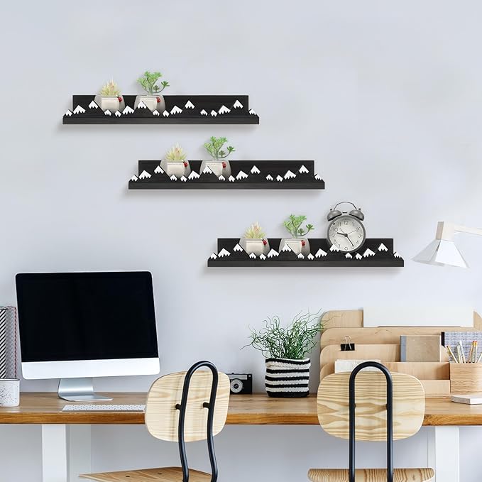 Wenqik 3 Pcs Snow Mountain Floating Shelves Wood Nursery Book Shelves Wall Mounted Rustic Floating Ledge for Kids Room(Dark Grey)