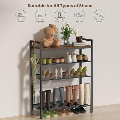 5 Tier Shoe Rack for Entryway, Metal Shoe Rack Heavy Duty with Wooden Top & Adjustable Mesh Shelves, Shoe Storage Organizer for Front Door Entrance/Closet/Bedroom/Dorm/Garage
