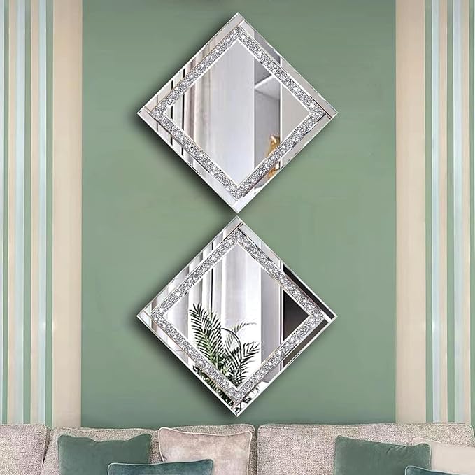 Meetart Crystal Crush Diamond Silver Mirror 12'' x 12'' 2PCS,Frameless Stylish Gorgeous Diamond Decor Glam Glass Mirror. for Bedroom Bathroom Hanging Mirror Home for Wall Decor.