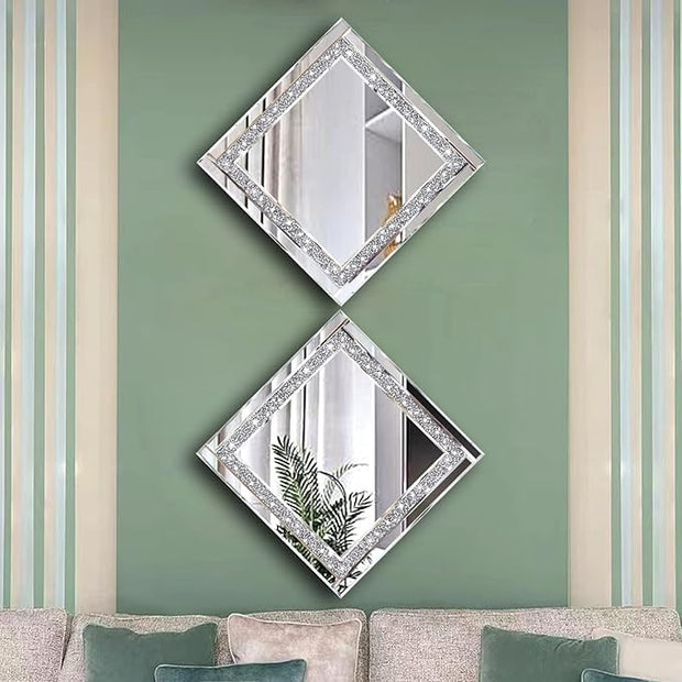 Meetart Crystal Crush Diamond Silver Mirror 12'' x 12'' 2PCS,Frameless Stylish Gorgeous Diamond Decor Glam Glass Mirror. for Bedroom Bathroom Hanging Mirror Home for Wall Decor.