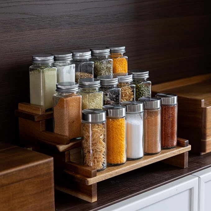 Acacia Wood Tiered Spice Rack Shelf Organizer for Cabinet, Small Cupcake Stand, Spice Racks Risers for Inside Cabinets, Wooden Pantry Spice Jar Rack, Seasoning Perfume Cologne Fragrance 3 Tier Display