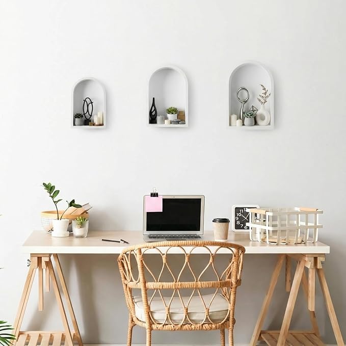 3 Set Wall Shelf 9.8 x 7.1 Inch Wooden Hanging Shelf Deep Display Storage Shelves Floating Shelves for Home Office Room Mini Figures Potted Plants Wall Decor(Arched,White)