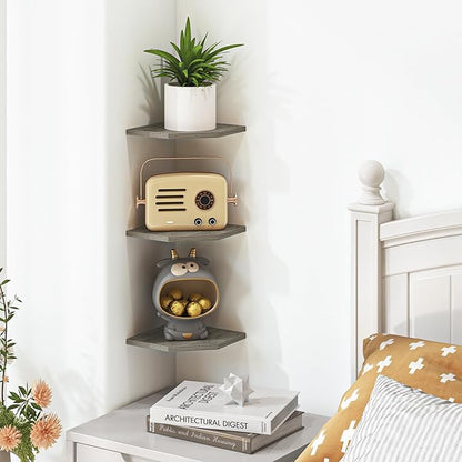 Fun Memories Corner Shelf Wall Mount, Floating Corner Shelves, Set of 6 Corner Wall Shelf Organizer, Rustic Wood Wall Storage Display Shelves for Living Room Bedroom Bathroom Kitchen, Rustic Grey