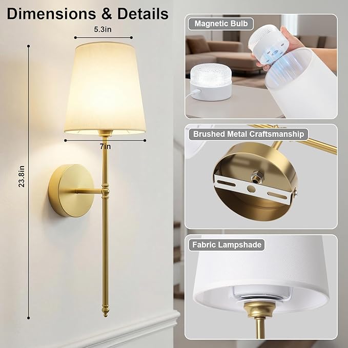 Battery Operated Wall Sconces Set of 2, Rechargeable Wireless Wall Lights with Remote, RGB Dimmable Wall Lamp for Bedroom Wall Decor Living Room Hallway (Gold)