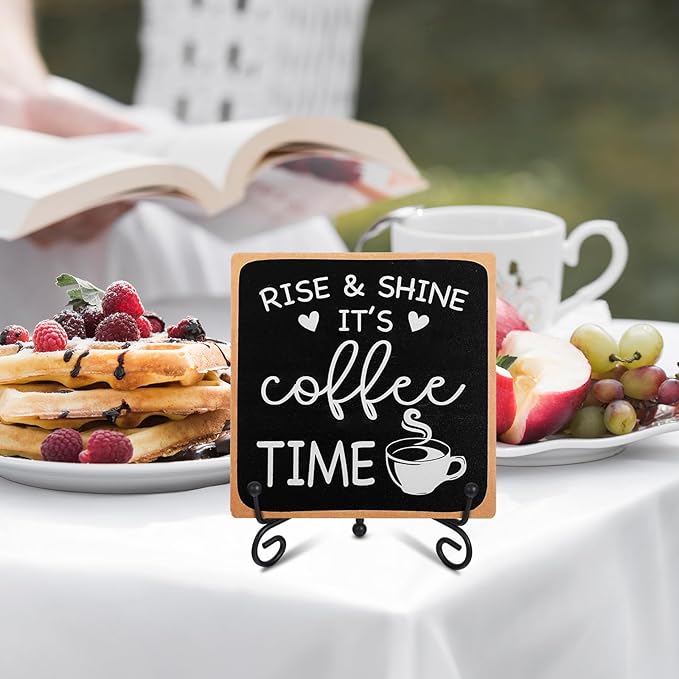 Coffee Bar Sign Decor 4"X 4" Rise & Shine It's Coffee Time Wooden Plaque for Home Kitchen Bar Tabletop Rustic Farmhouse Wood Cafe Signs with Stand for Cafe Corner Shelf Table Decorations
