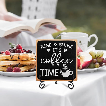 Coffee Bar Sign Decor 4"X 4" Rise & Shine It's Coffee Time Wooden Plaque for Home Kitchen Bar Tabletop Rustic Farmhouse Wood Cafe Signs with Stand for Cafe Corner Shelf Table Decorations