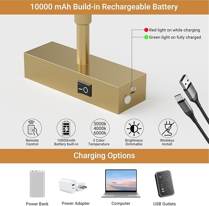 Tipace Dimmable Cordless Picture Light with Controller and Timer, Rechargeable 10000mAh Battery Wall Sconce for Wall Pictures, Gallery Artwork, Paintings, Portraits, Dartboards (Gold)
